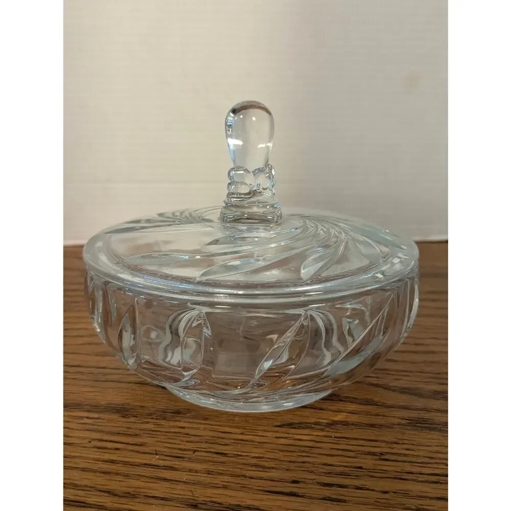 Vintage Clear Pressed Glass Candy Dish & Lid Swirl Design Powder Vanity Trinket